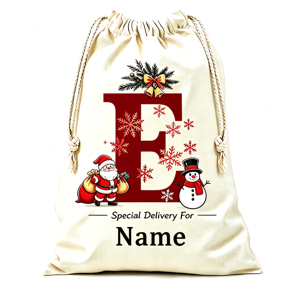 TEMU Personalized Initial And Name Christmas Canvas Gift Bag, 26 Initials, Custom Large Santa Claus Patterned Cloth Bag, Personalized Christmas