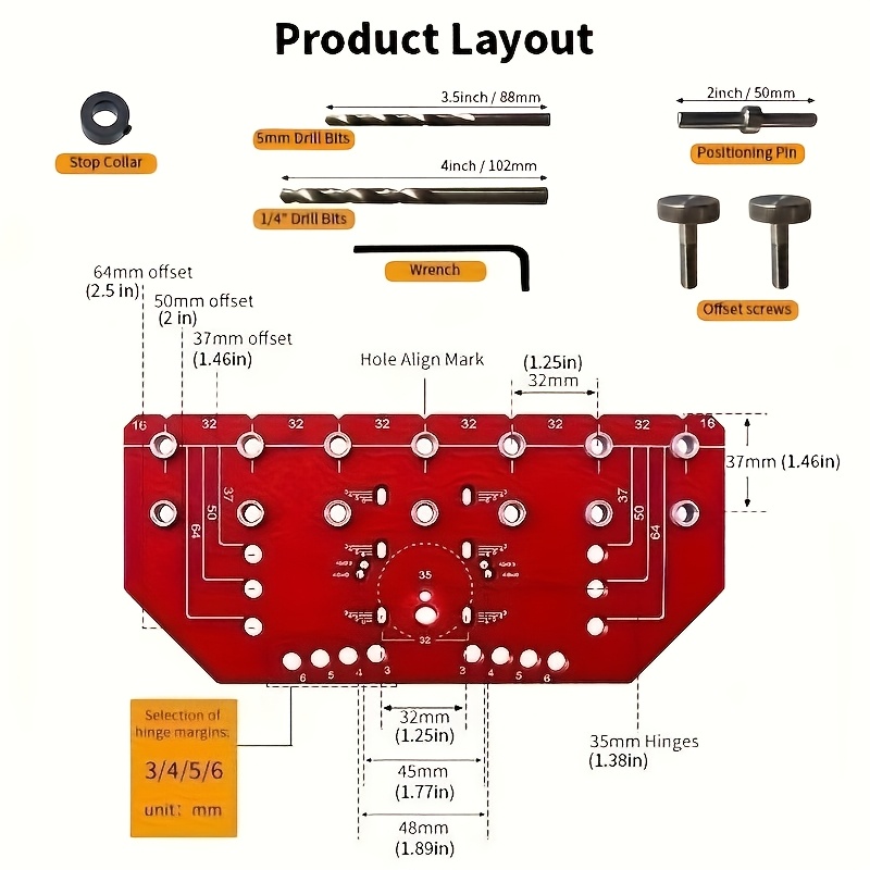 Shelf Pin Jig And Hinge Jig -one Self-contained Clamping Aluminum Alloy Shelf Pin Drilling Jig With 1/4" And 5mm Drill Bits For Furniture Cabinet Shelf And Hinge Drilling Carpentry Tools