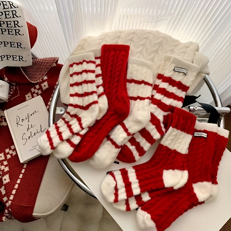 

4pcs Cozy Red Warm Sleep Socks - Soft Polyester , Machine Washable, For Home & Floor, Floor Socks