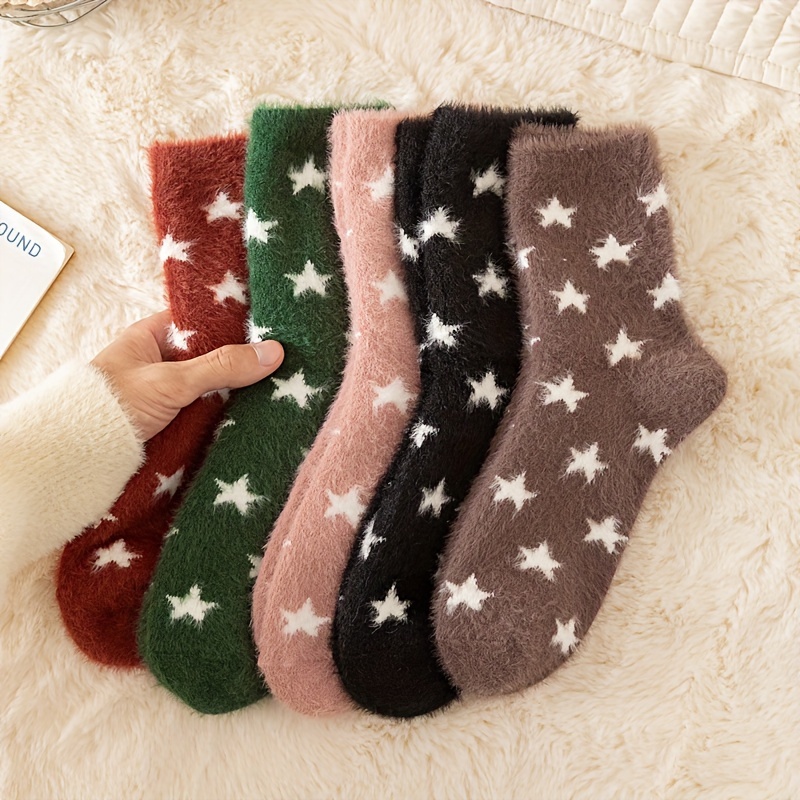 

5pcs Cozy Starry Plush Teen Socks - , Warm Mid-calf For Winter & Fall | Soft Polyester , , Flannel, Snow Boots