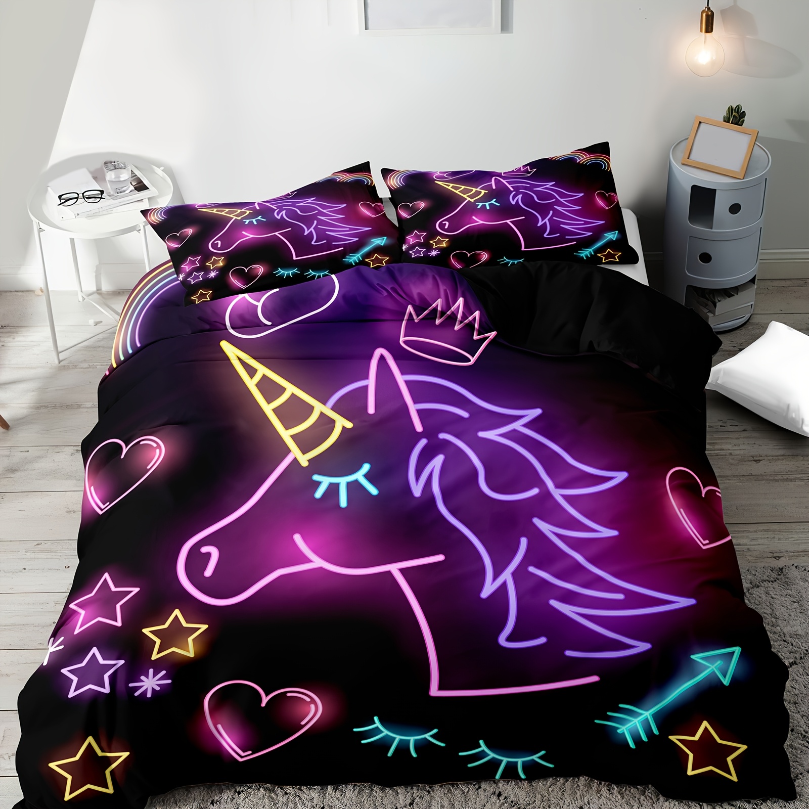 Purple Neon Colorful Unicorn Quilt Cover Set, Washable Polyester Quilt  Cover Soft and Comfortable for Bedroom