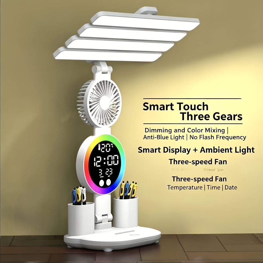 TEMU Smart Touch Led Desk Lamp With Usb - Dual-head, Dimmable And Color-changing Reading Light With Built-in Fan And Night Light, Eye-, Perfect For