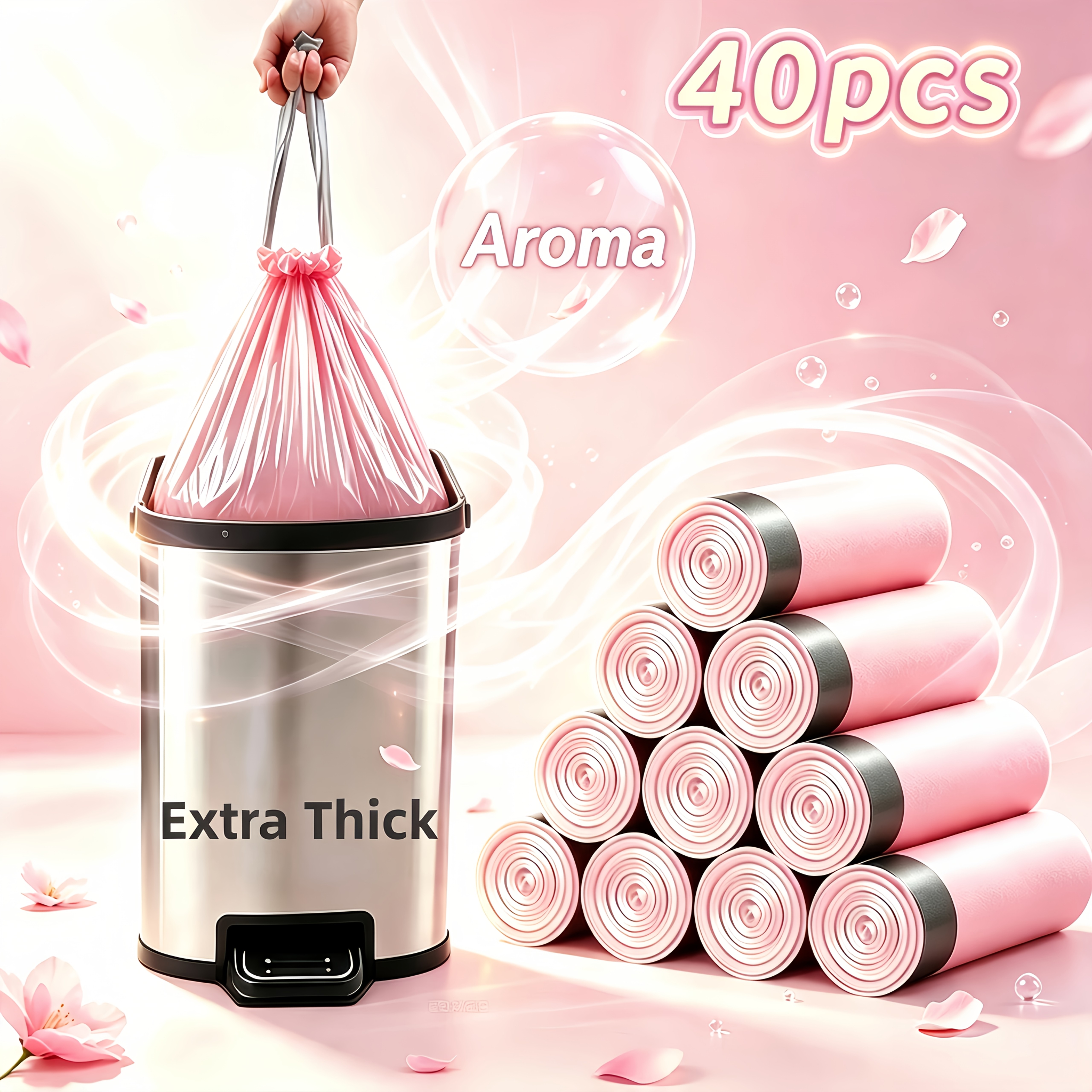 TEMU 40pcs Thickened Leak-proof Iceberry Pink Drawstring Garbage Bags. Leak-proof And Odor-proof, Sturdy And Durable. Multi-functional Garbage Bags