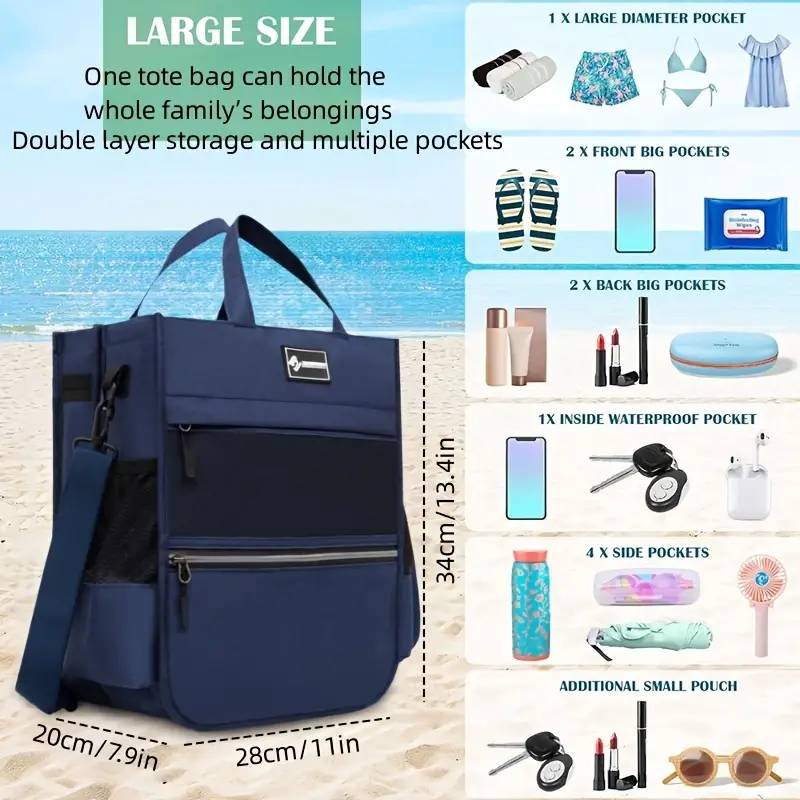 Extra Large Layered Beach Bag Tote Bag Zipper Side Pockets - Temu