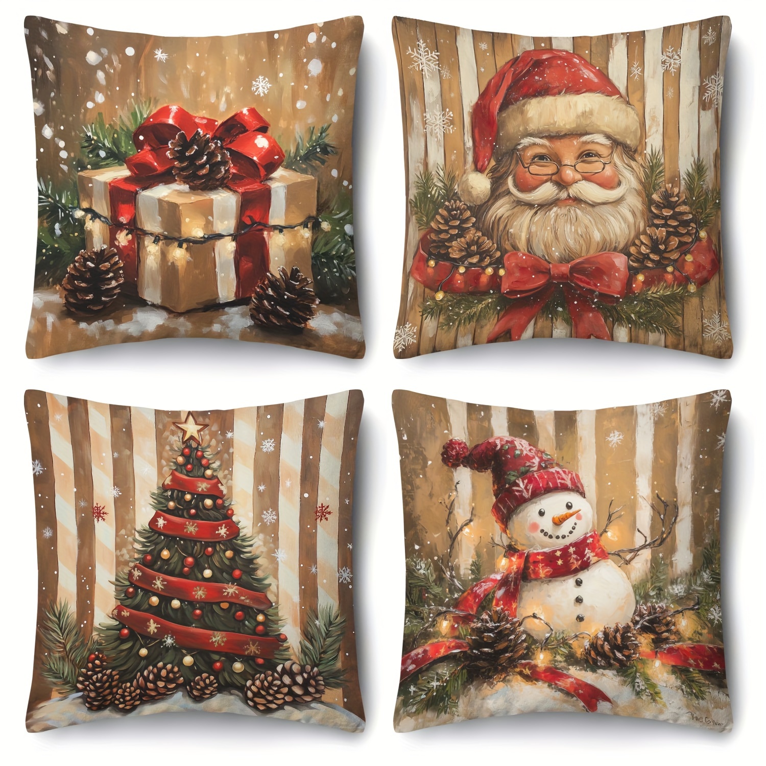 

4pcs Christmas Set, 18x18 , Contemporary , , Washable, , Printed Santa, Box, , Snowman For Decor