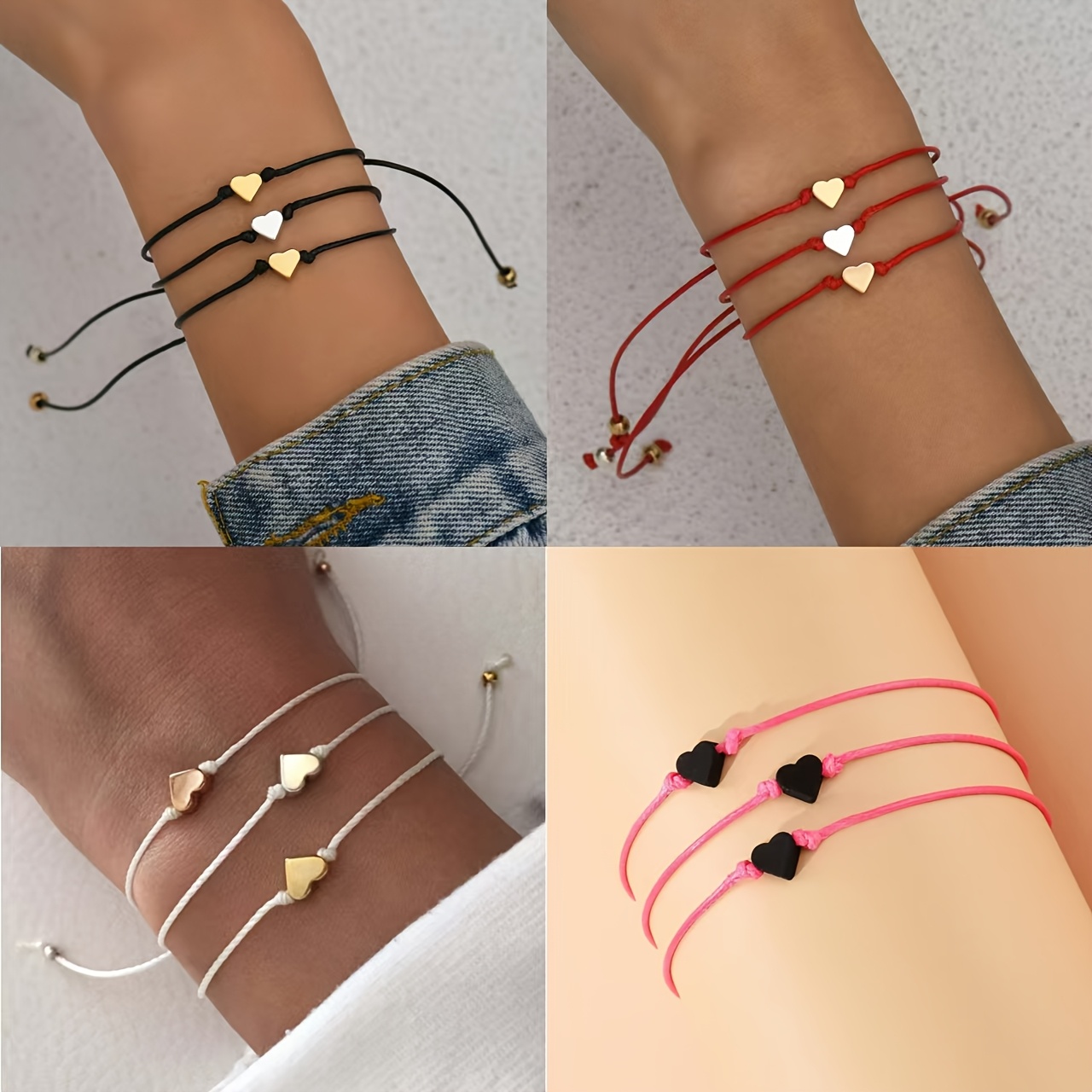 

2/3pcs Cute Simple Heart Charm Bracelet Set, Adjustable Handmade Couple & Synthetic Fiber Rope, Daily & Gift