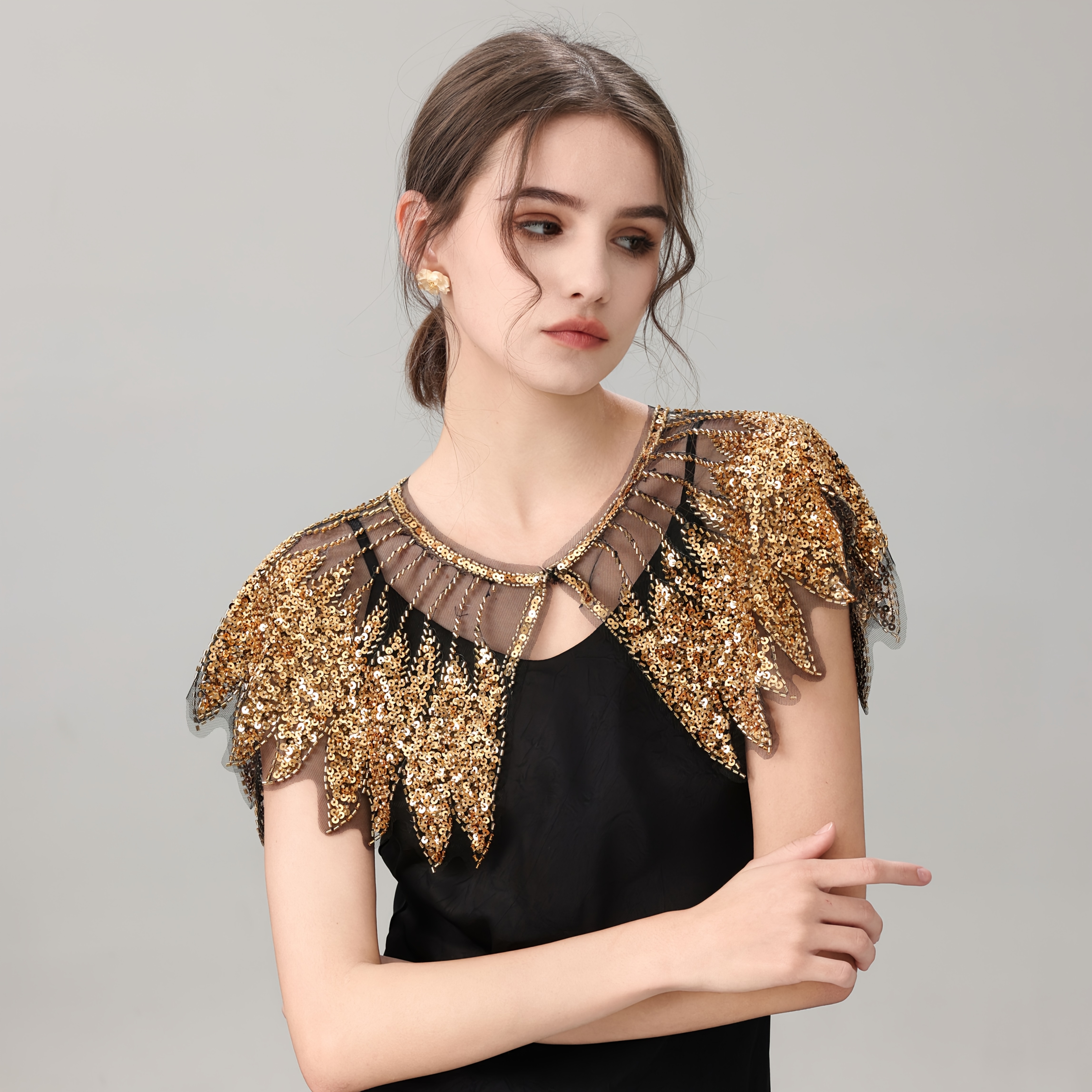  embroidered mesh knit fabric beaded tribal crew neck short length loose fit non stretch spring summer womens shrug for party and festival details 2