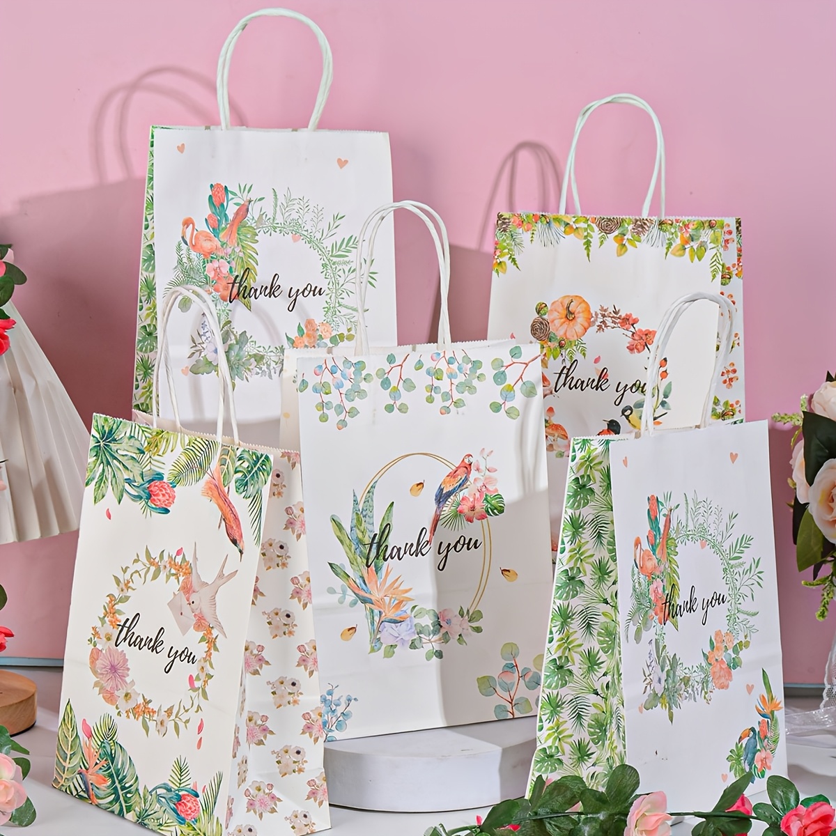 24pcs floral thank you gift bags with handles 6 3x8 66x3 15 inch paper party favor bags for wedding bridal shower mothers    