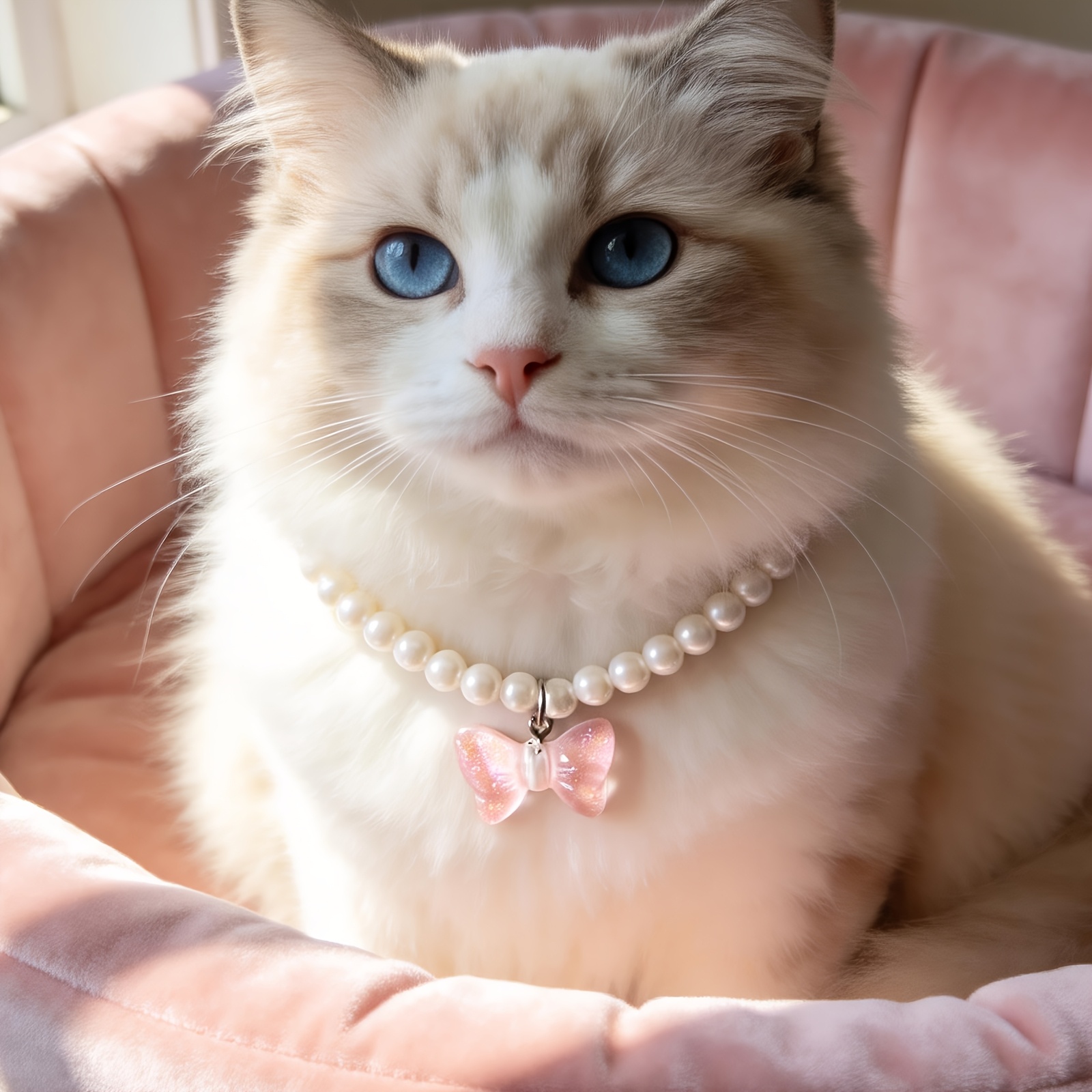 TEMU Pet Pearl Necklace, Cat Bow Pendant Collar, Hand-woven Stretch Pet Choker, Cute Girly Cat Accessory, Internet-famous Ins-style Pet Decoration,