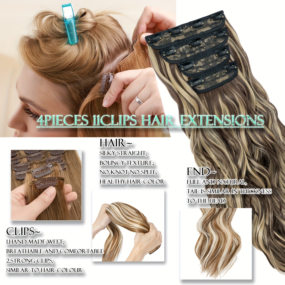 clip in hair extensions synthetic   22 inch 185g 4pcs 11clips clip in synthetic hair coloured   long     hairpieces for women use for daily party wedding   to add volumn to show your beauty details 4
