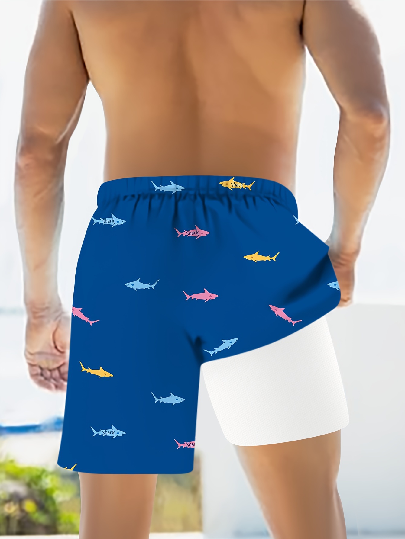 shark pattern mens board shorts with drawstring and pockets casual and chic shorts for summer beach and sports wear details 1