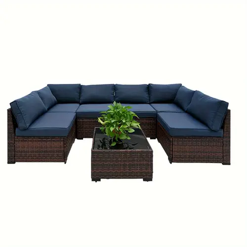 7pcs rattan patio conversation set weather resistant outdoor furniture set with 1 coffee table 6 seats outdoor patio sofa sets with curvy back and