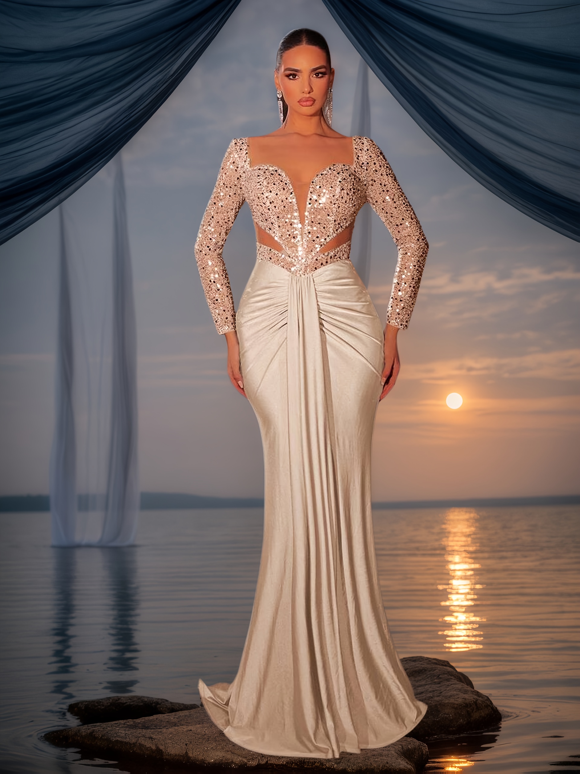 exquisite sheer long sleeve wedding dress pearl sequin - Temu Qatar