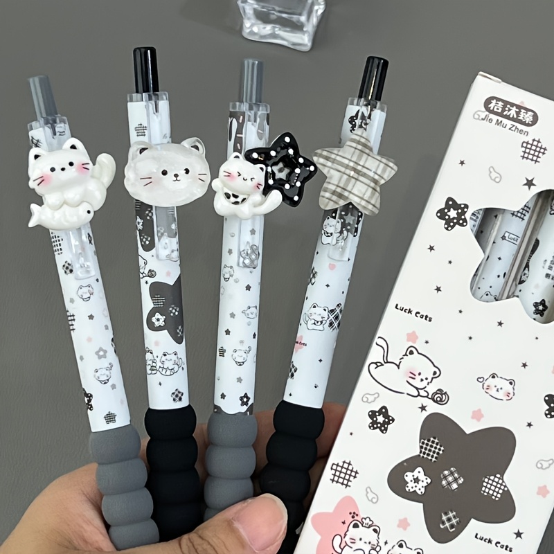 TEMU Lot de 4 stylos gel à au 3D avec breloques et chat et - - Style Healing Milky Puff 0,5 mm, fluide à séchage rapide, -taches, base blanche avec