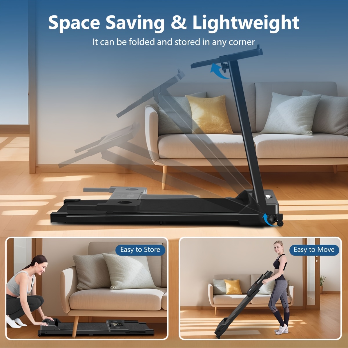 [Portable Treadmill] 3.0HP Foldable Portable Home Treadmill | Load-bearing 300 LBS, Small Home Office Walking Treadmill, Armrest, LED Display, Walking Jog, Plug-in