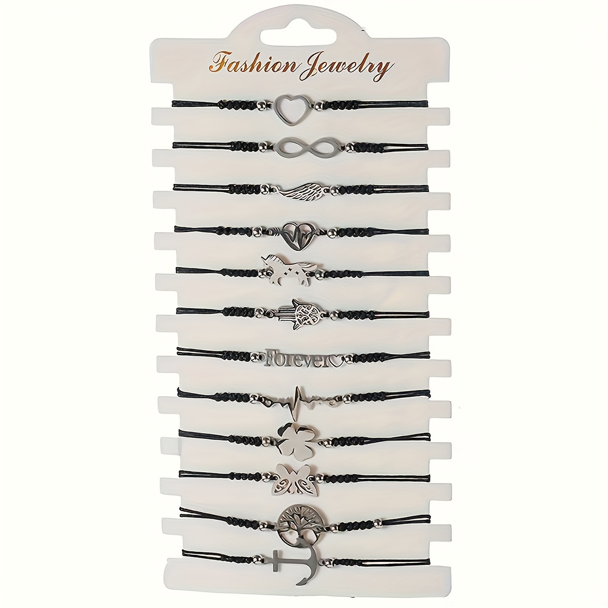 E-shop 12er-Set Vintage & Chic Damenarmbänder - Verstellbare Handgemachte Schwarze Schnur mit Liebes-, Schmetterlings-, Kleeblatt-Anhängern - Ideal für