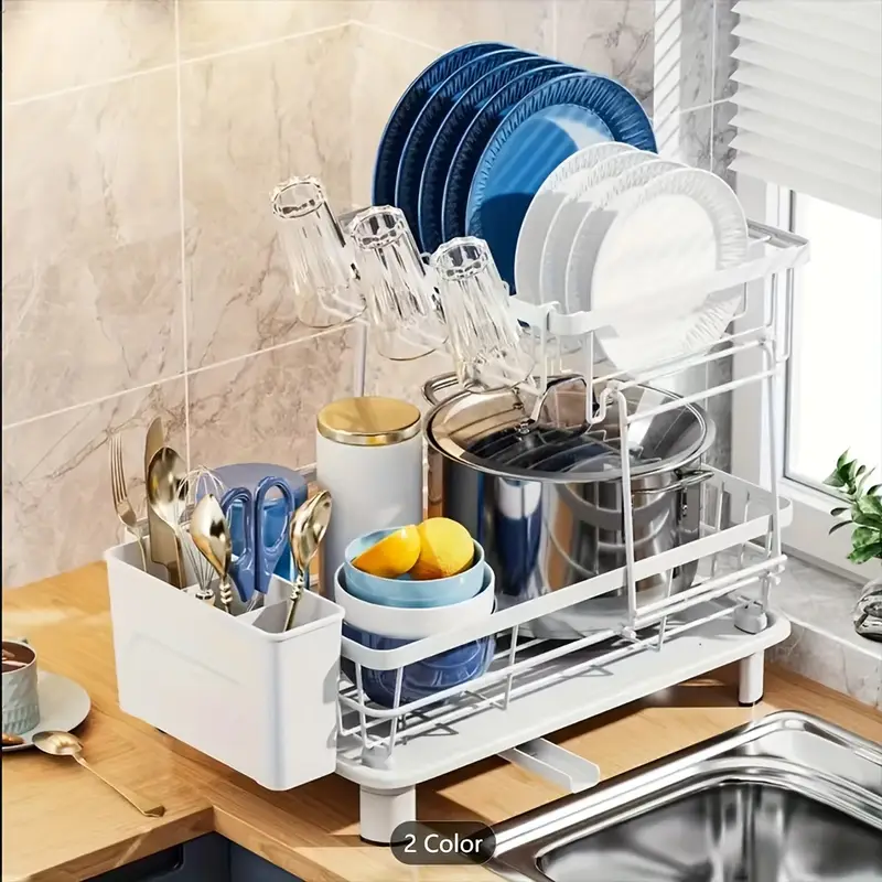 dish drying rack with 2 tier stainless steel dish rack and set with removable drip tray 360 swivel spout utensil holder large capacity dish drainer for kitchen counter Product details 6