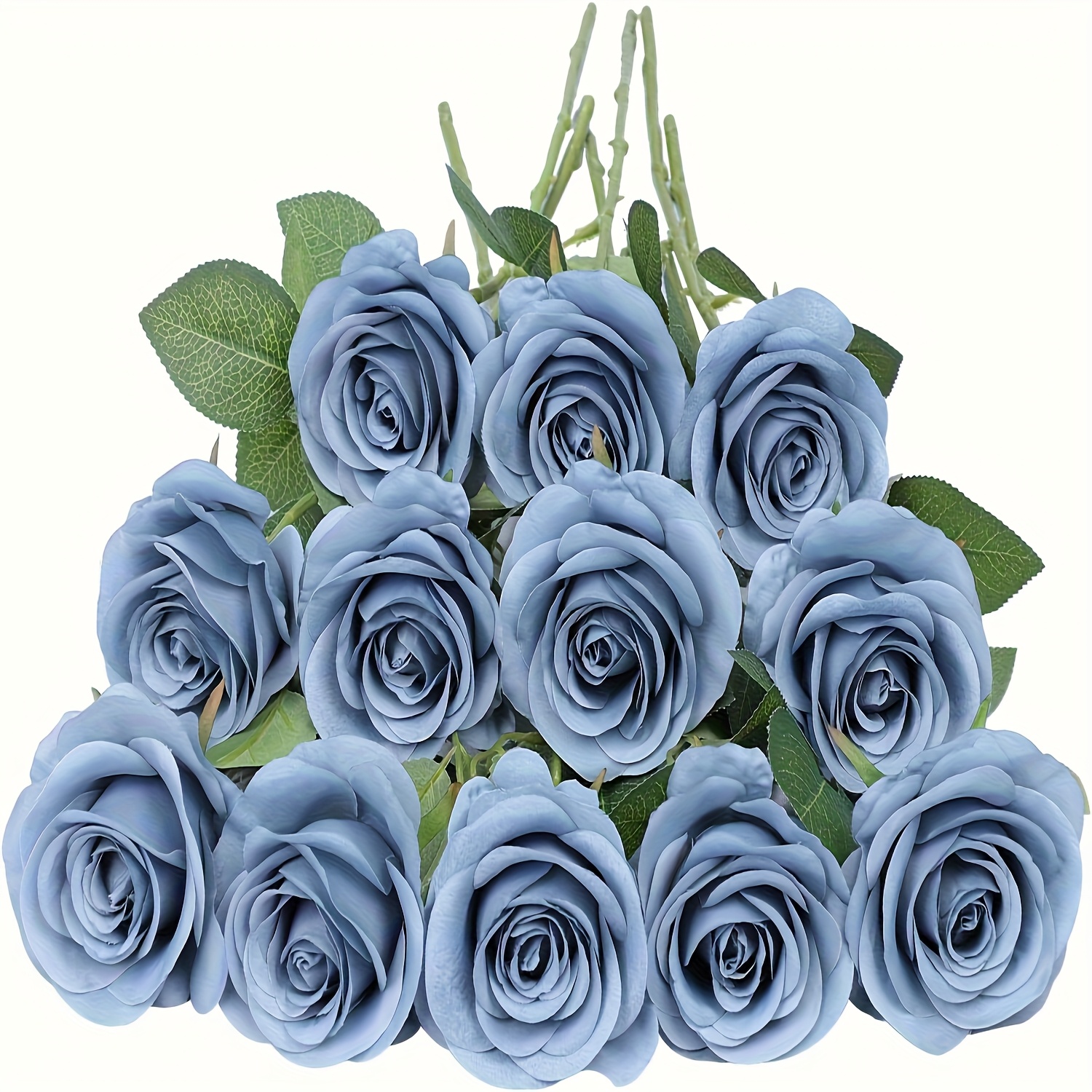 TEMU 12pcs Realistic Artificial Roses Dusty Blue Roses Flowers Bouquet With Long Stems - Artificial Roses Decor For Wedding Diy Bouquet Centerpieces