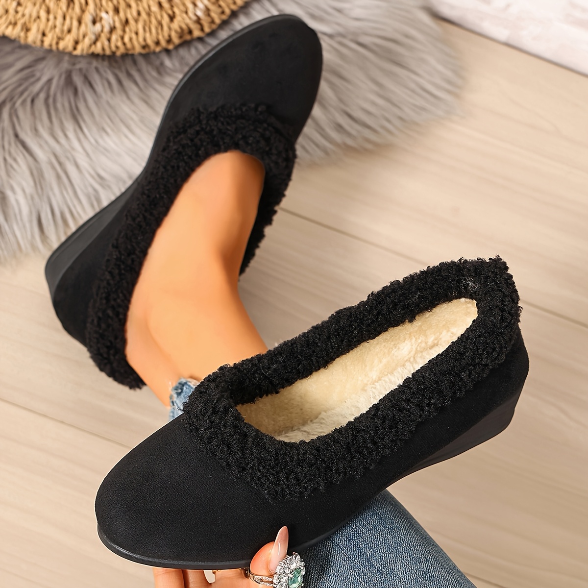 TEMU Women's Autumn Winter Warm Fleece Outerwear Flat Size Large Size Collar Comfortable Women's Shoes Wedge Heel Fluffy Shoes, Women Shoes