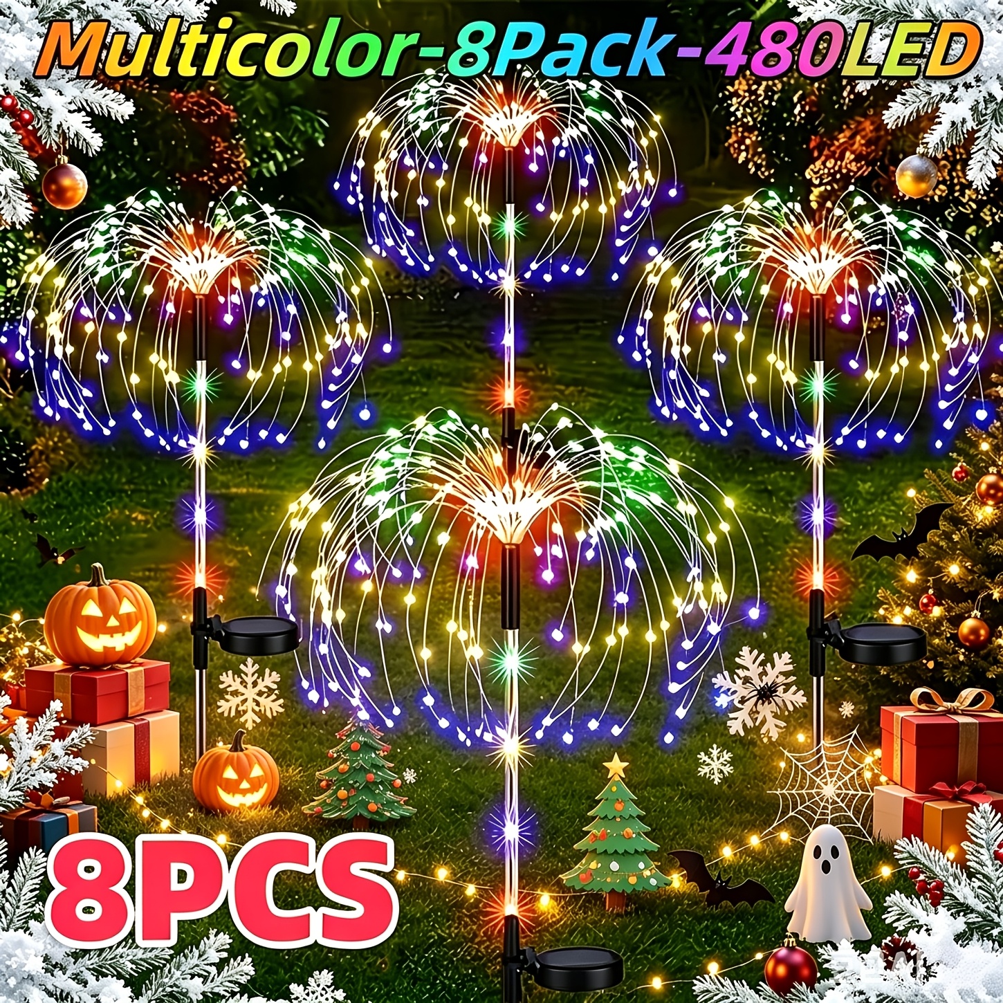 TEMU 8pcs Set -1 Outdoor Solar Fireworks Light, , Christmas Decoration, Rating, 8 , Suitable For Christmas Gardens, Courtyards, Parties, Wedding