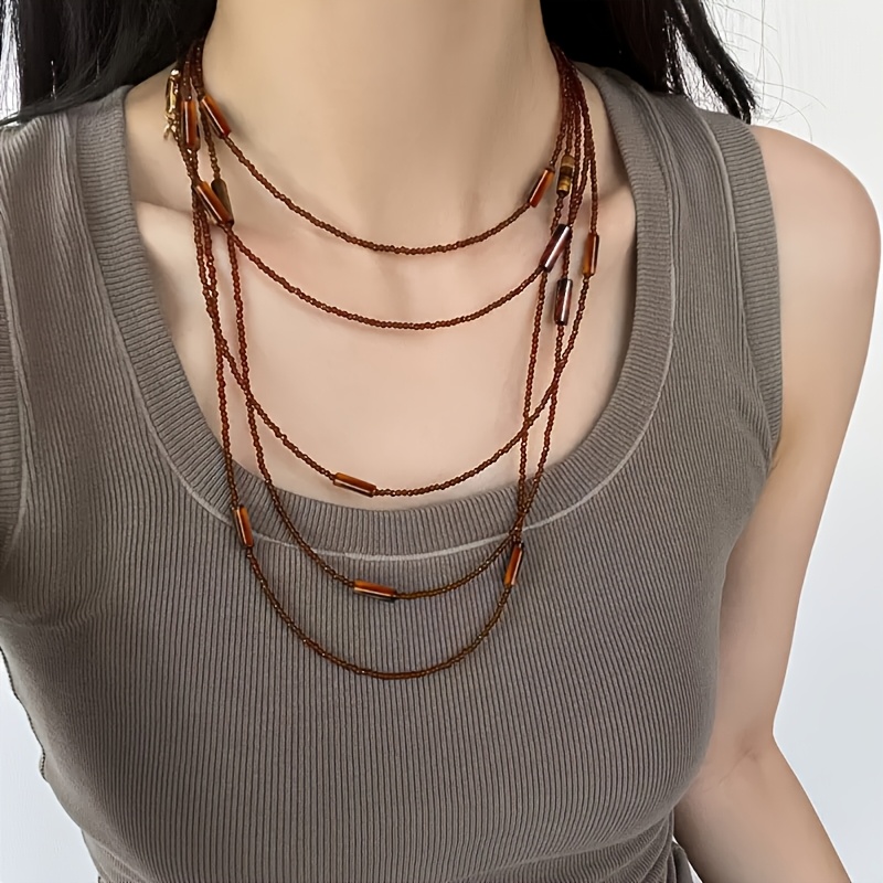 1pc Natural Stone Multi-functional Accessory – Retro Bohemian Style Coffee Agate, Long Necklace/bracelet/collarbone Chain/sweater Chain, High-end Fashion Essential For Spring And Summer