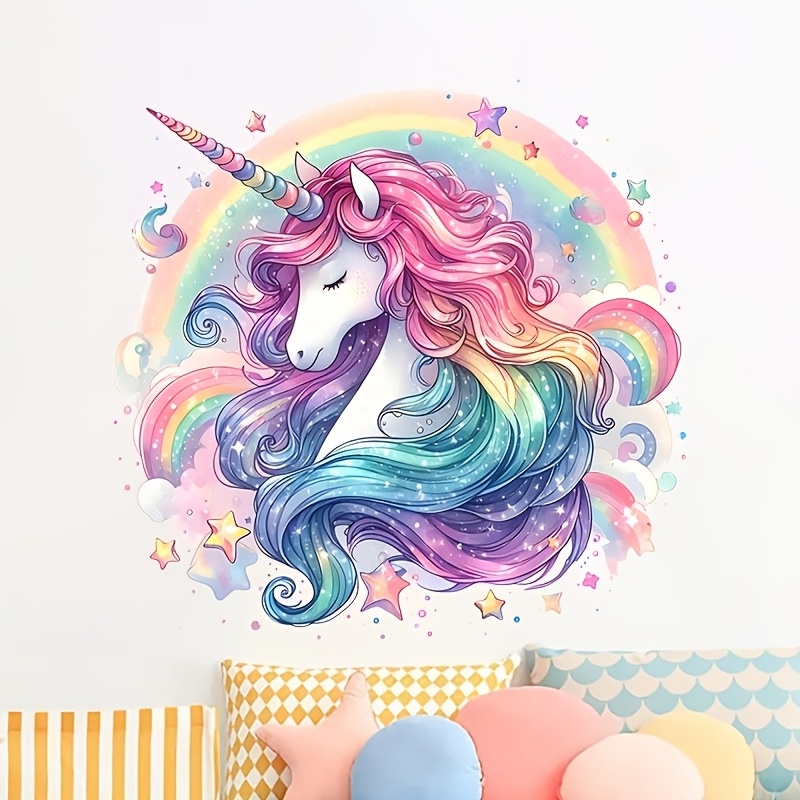 Watercolor Unicorn Rainbow Wall Stickers For Bedroom And Living Room Home Decoration, Self-adhesive Pvc