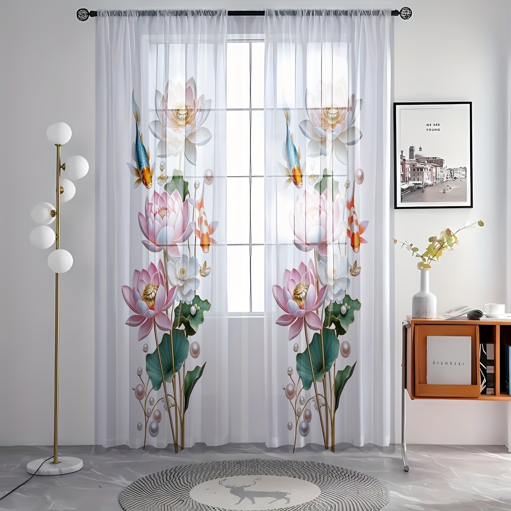 

2pcs Koi & Lotus Printed Semi-sheer Curtains, Rod Pocket Decorative Window Drapes, Window Treatments For Bedroom Living Room, Home Decoration, Room Decoration