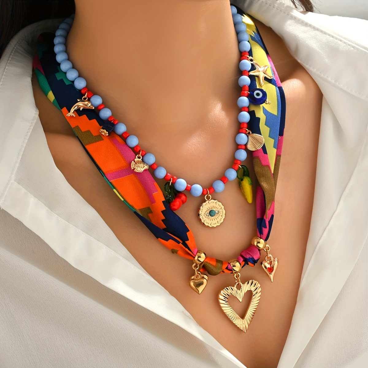 TEMU 2pcs Retro Bohemian Style With Creative Dopamine Metal Heart Starfish Dolphin Scallop Cherry Eye Pendant, Ribbon Sweater Chain Necklace Suitable