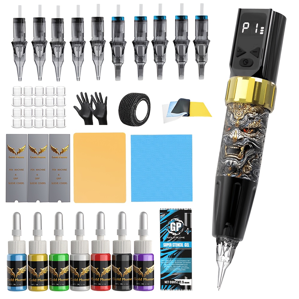 Image of Wireless Tattoo Machine Set, Tattoo Gun Set With 1100mah Tattoo Power Supply, With 10 Tattoo Needles, 7 Bottles Of Practice Ink, And Color Mixing Cup Pen Set, Suitable For Beginners And .