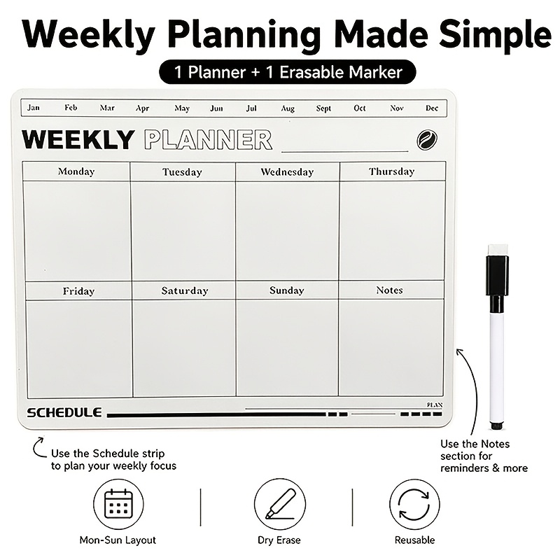 TEMU 1pc Magnetic Weekly Planner Fridge Whiteboard Sticker, With 1pc Erasable Pen, Kitchen Fridge Magnet, Erasable Writing Weekly Planner, Very
