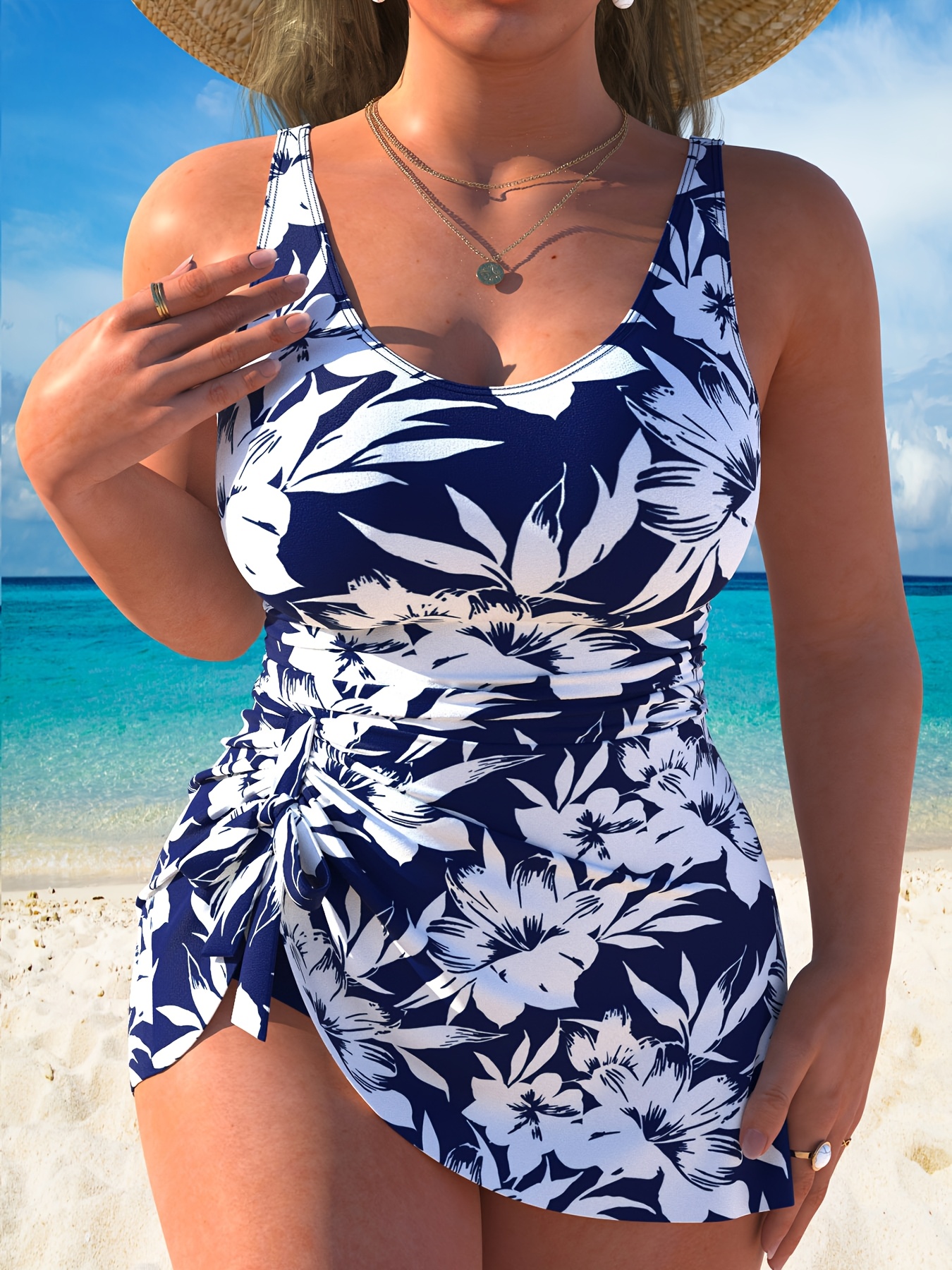 Plus Size Floral White Blue Tankini Swim Dress