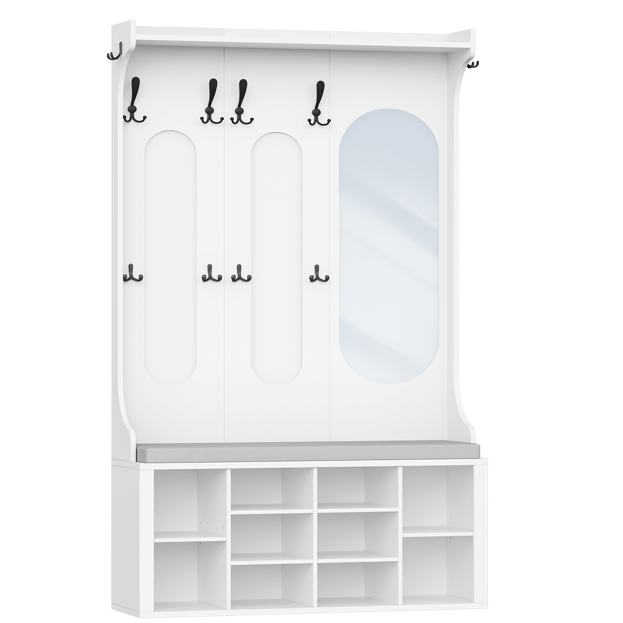 Coat Rack With Shoe Bench, Wardrobe With Mirror, Shoe Storage, 10 Hooks, Adjustable Shelves, Freestanding, For Entrance Area, Hallway, 35.5 X 100 X 185cm, White