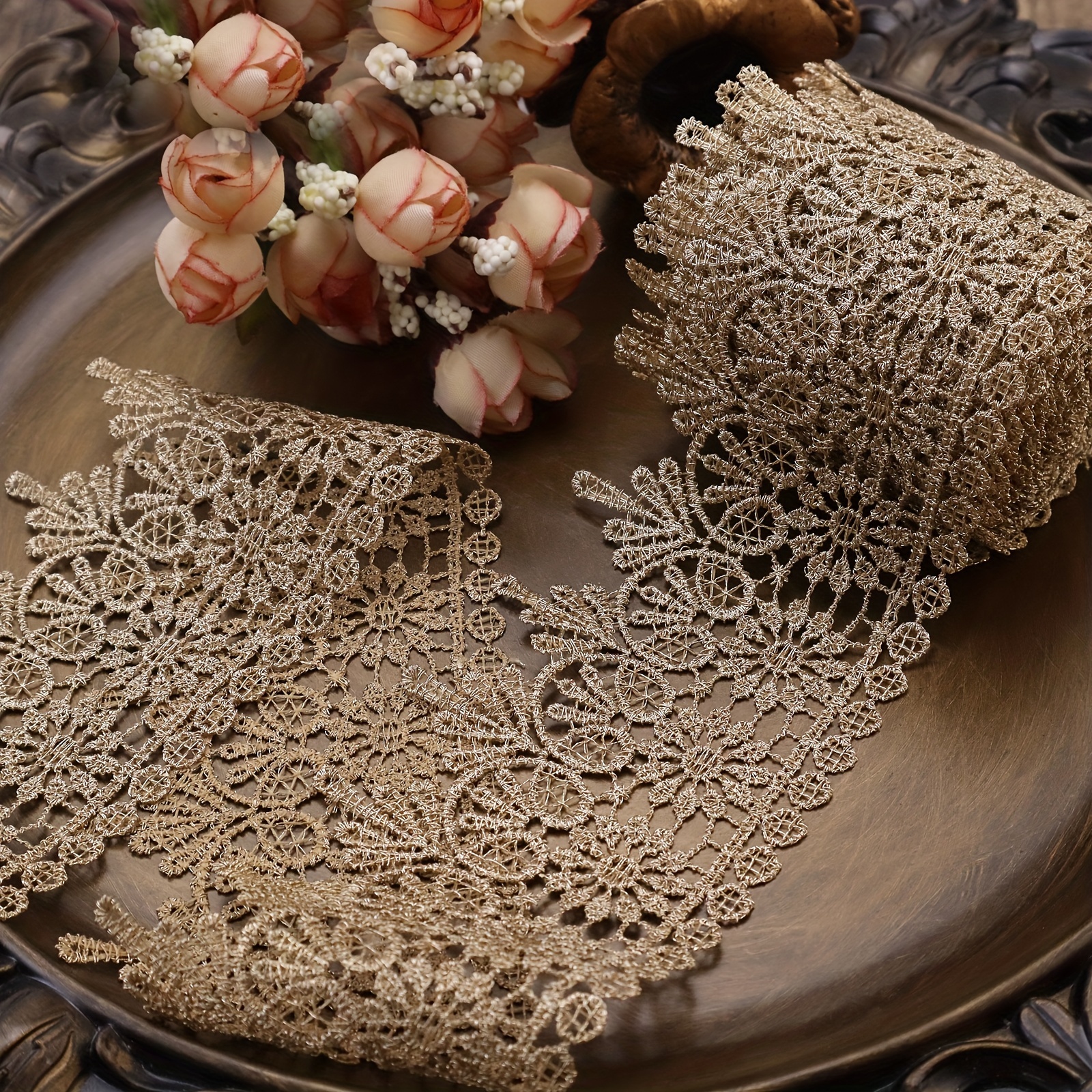 TEMU 1 de Encaje Dorado, Ribete de Encaje Vintage Crochet, Cinta de Encaje Artesanal para Coser, Envolver Regalos, Decoración de Nupciales,