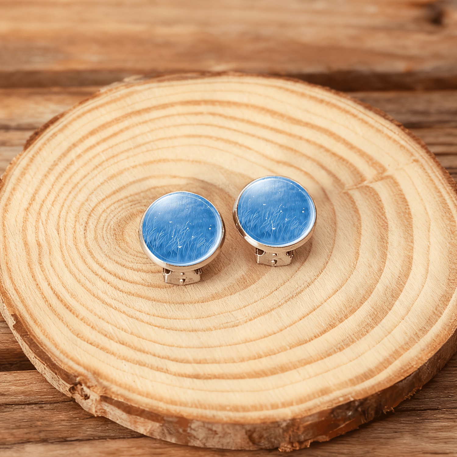 2pcs Set No-Piercing Round Glass Earrings, Abstract Pattern