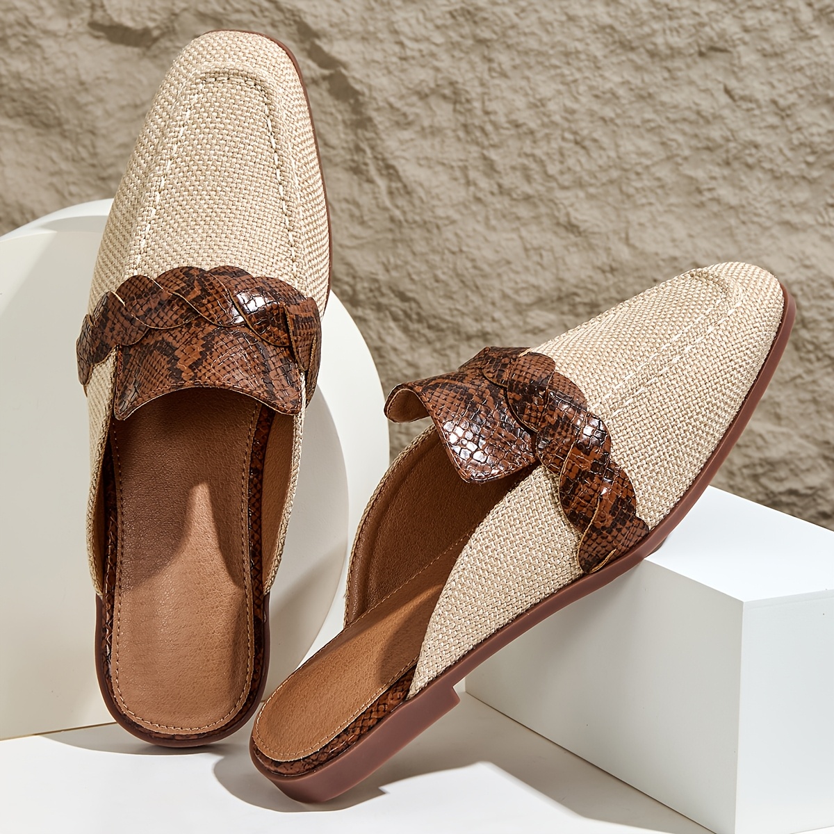 Women's Snake Print Square-Toe Sandals - & Sole Slip- Mules with Snake Scale, Flat Heel Suitable for Summer, Casual to Dressy Wear, for Comfortable Warmth Preservation, Women Shoes