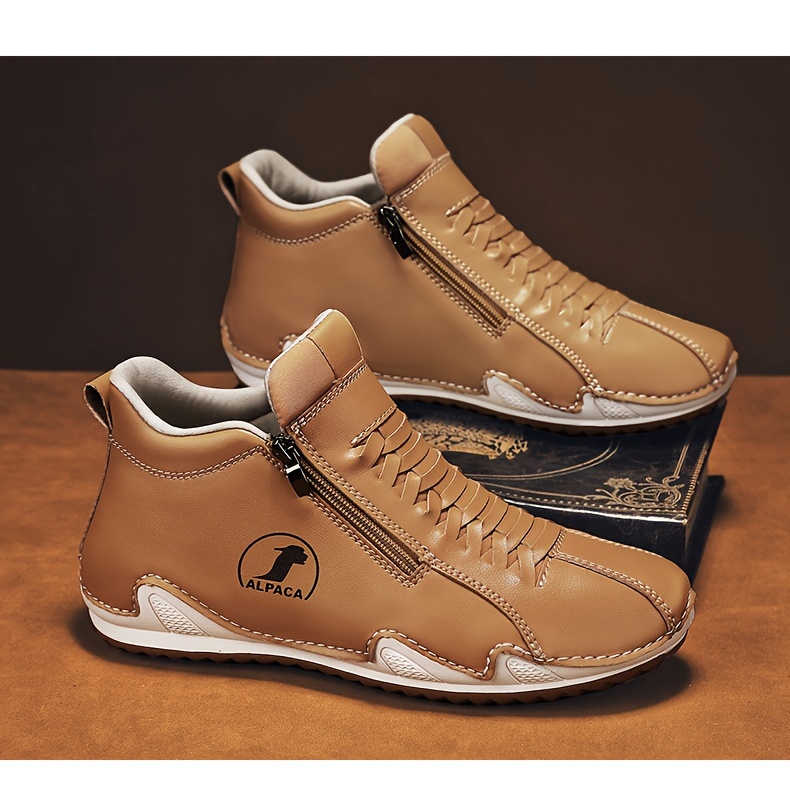 [Casual & Outdoor Shoes] Men's Ankle-High Zipper Boots - PU Upper & Rubber Sole, Slip-On/Lace-Like Zip Closure, All-Terrain Traction (EU 39-48), Casual & Outdoor Shoes for Winter/Spring/Fall, Round Toe Ankle Booties with Cushioned Insole