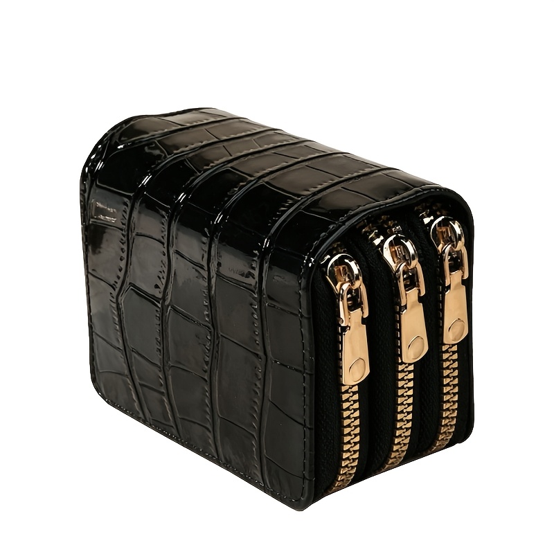 TEMU New European And American Women's Short Wallet 3-layer Zipper Coin Purse Black Women's Wallet Large Capacity Card Holder