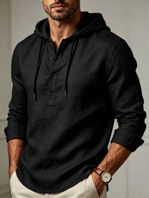 item picture mens solid color linen long sleeve hooded henley shirt spring autumn casual textured fabric pullover top contrast color adjustable drawstring hood half button roll up long sleeves loose fit basic linen sweatshirt suitable for outdoor