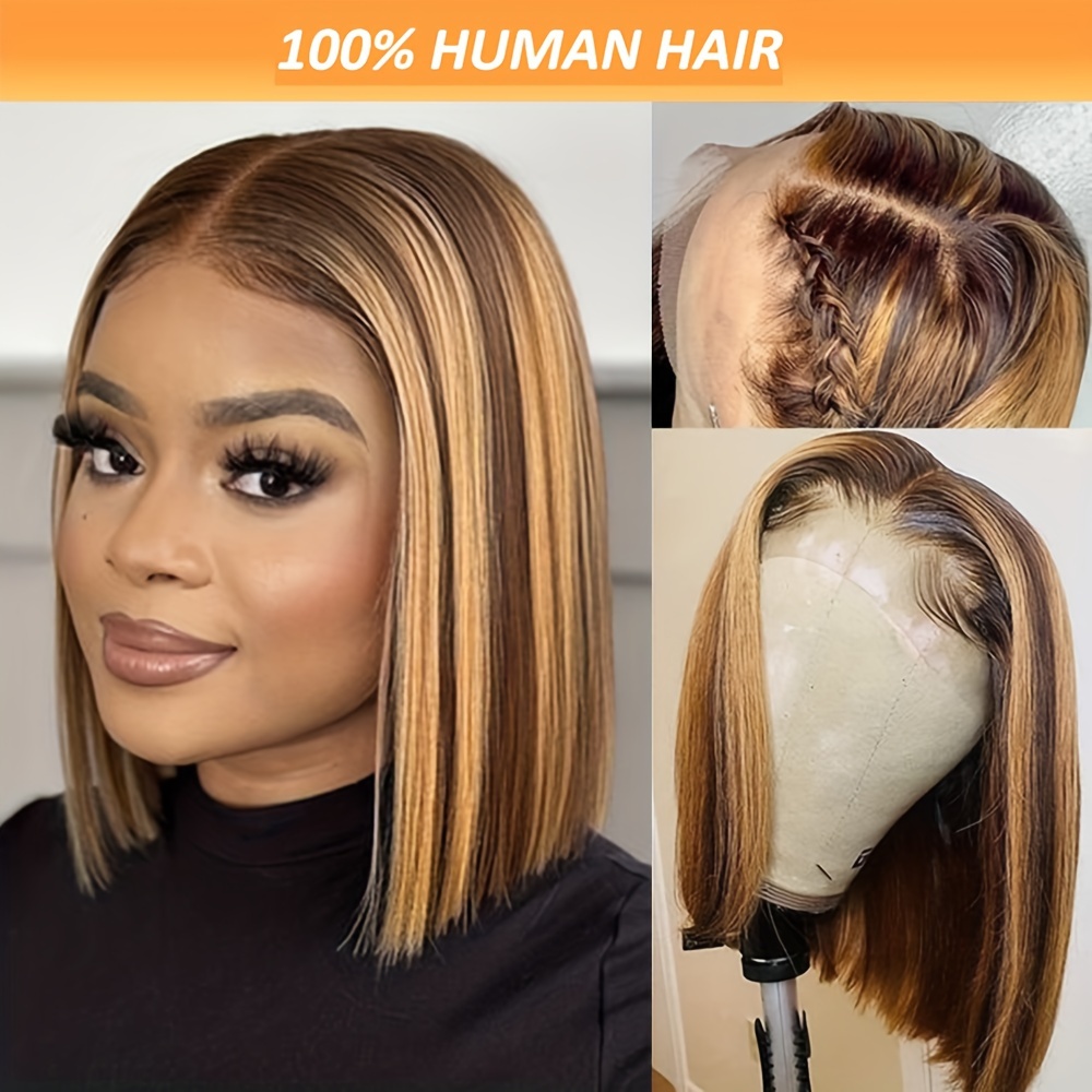 

P4/27 Highlight Bob Wig Human Hair Hd Transparent Glueless 13x4 Bob Lace Frontal Wig Ombre Brown Honey Blonde Highlight Bob Wigs Lace Front Human Hair Wig Pre Plucked Short Bob Wigs For Women