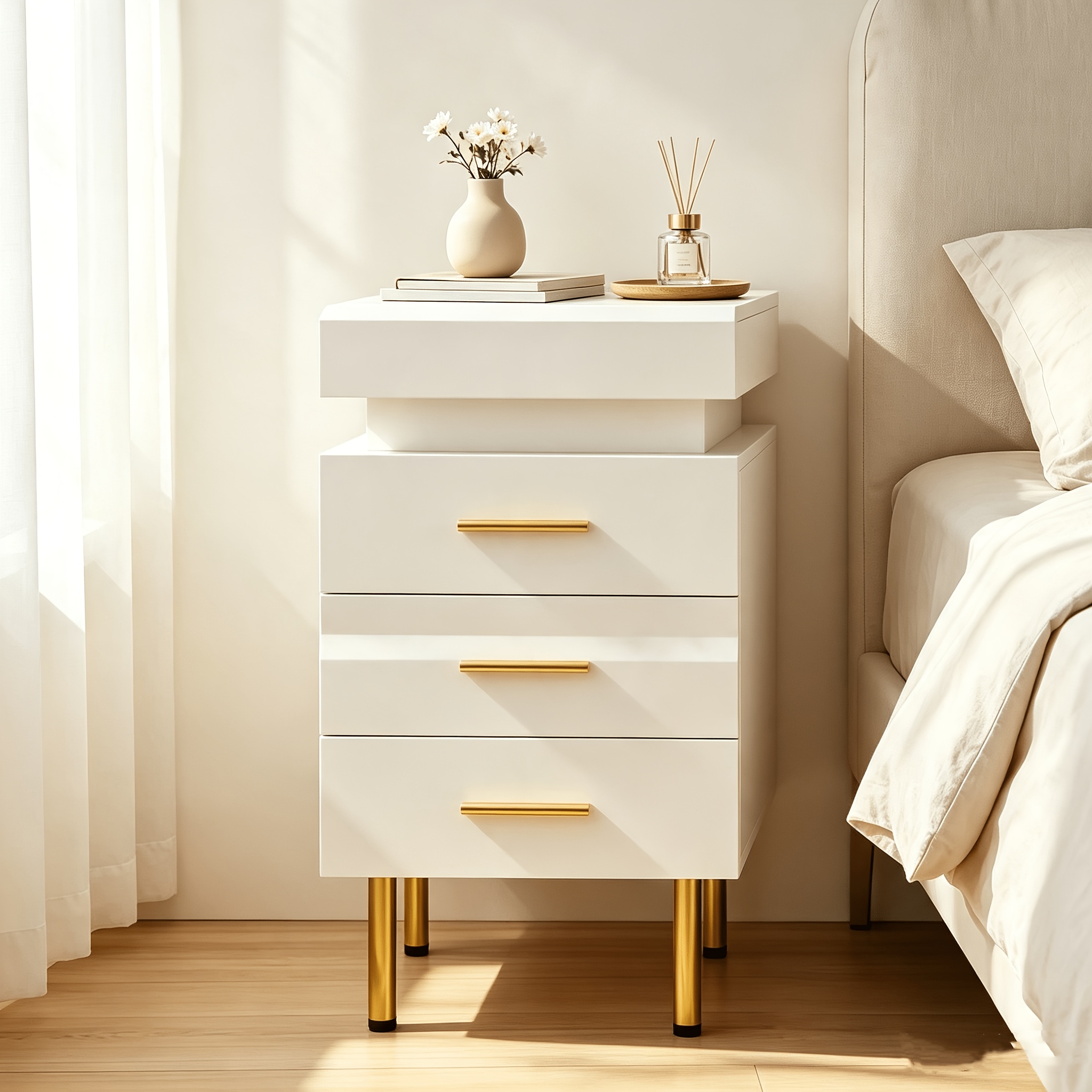 Image of Nightstand With 3 Drawers, With 1 Privacy , Glossy Nightstand, 35x55x67.5cm Small Space Side Cabinet, Office Side Cabinet, Privacy Storage Cabinet, Smooth , Golden Metal Legs.