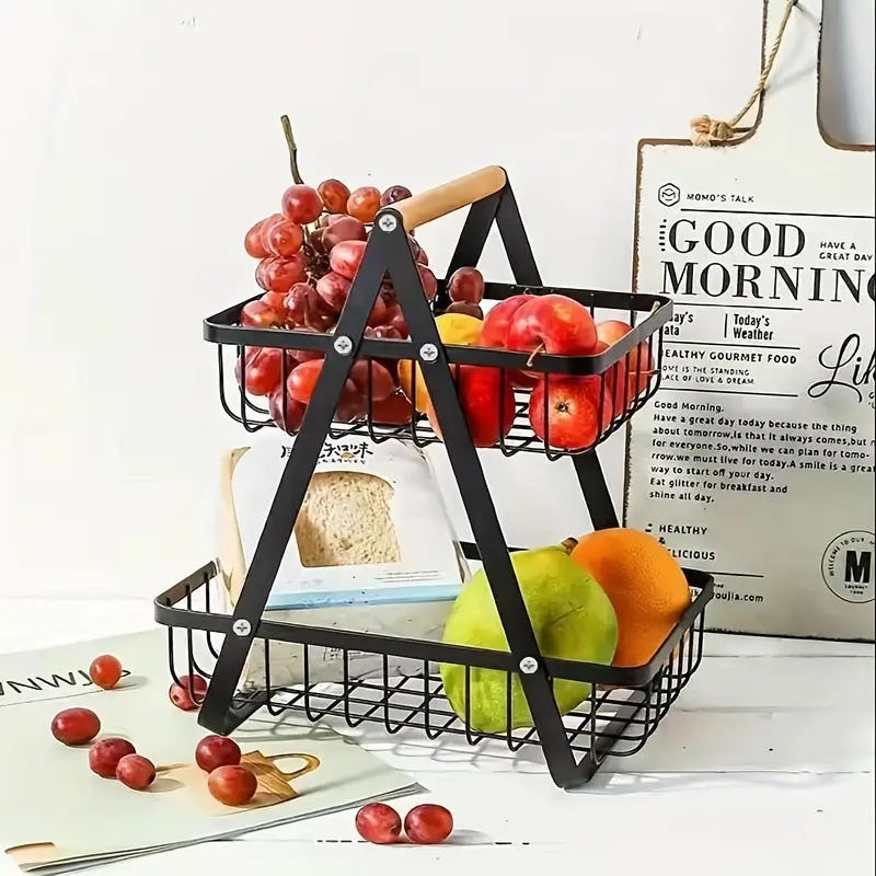 TEMU 2-tier Or 3-tier Heavy-duty Metal Countertop Fruit Basket With Removable Wooden Handles - Sturdy Rectangular Kitchen Storage Organizer With Open