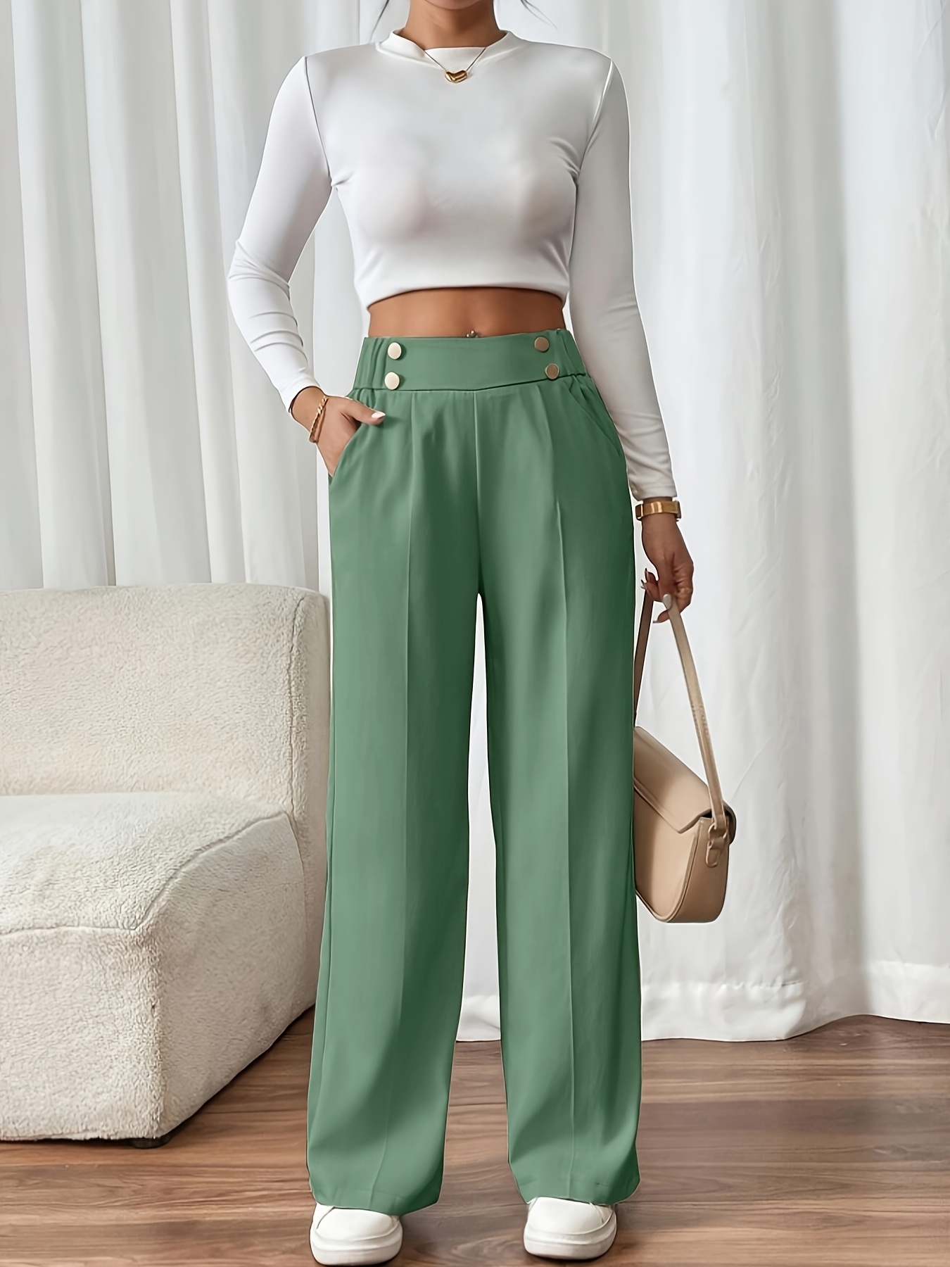 womens mint green casual wide leg pants golden buttons Temu