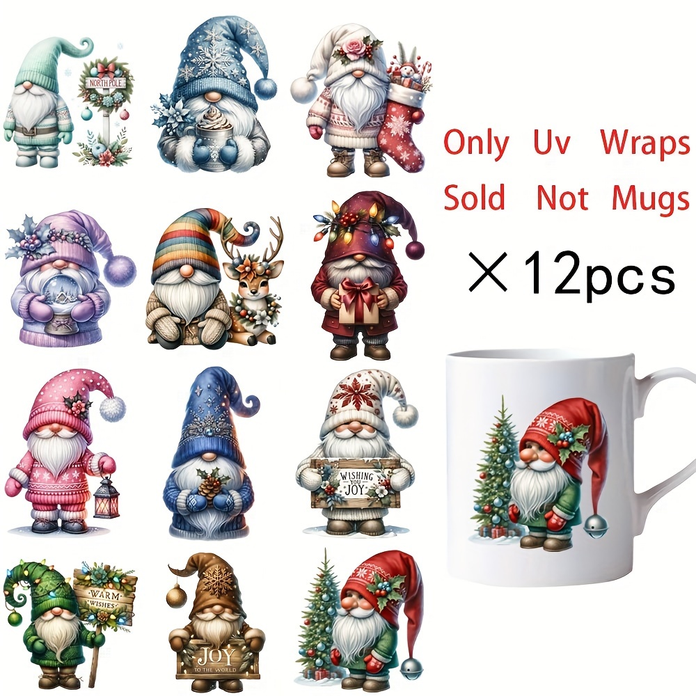 

Set Of 12 Christmas Gnome Vinyl Decal Stickers For Diy Mug And Glass Decoration, Uv Dtf Transfer, Festive Holiday Themed Adhesive Paper Wraps For Cups And Tumblers