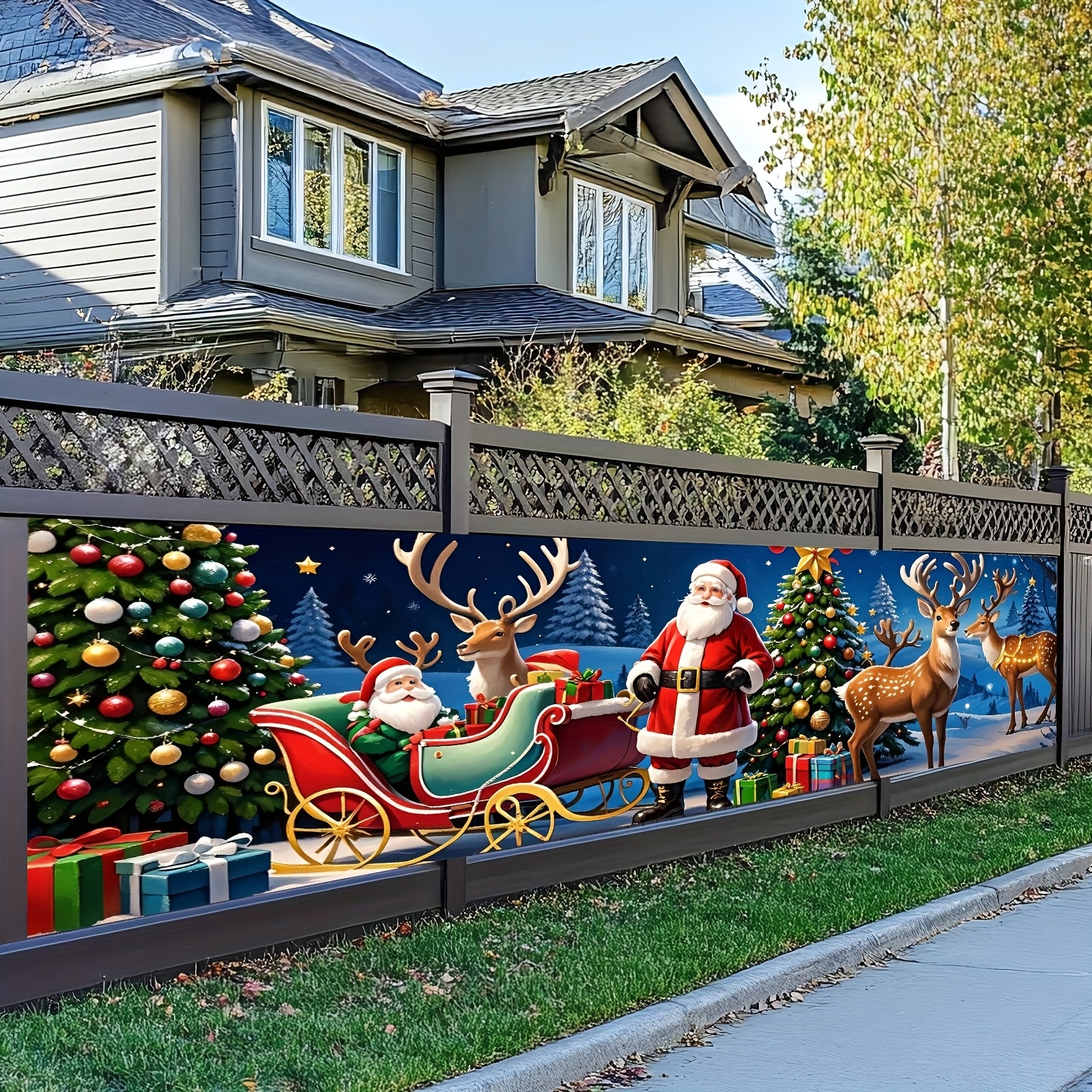 TEMU 2d Flat, Santa Claus And Reindeer Sleigh Banner - Suitable For Christmas & New Year Decorations, / Square Holiday Banner With Santa' Sleigh &