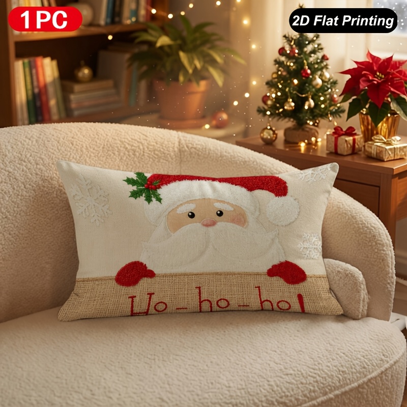 TEMU 1pc 2d Flat Printing Lumbar Throw Pillow Cover Ho Santa Pillow Cover For Winter Decorations Indoor Outdoor Farm Bedroom Living Room Sofa Car