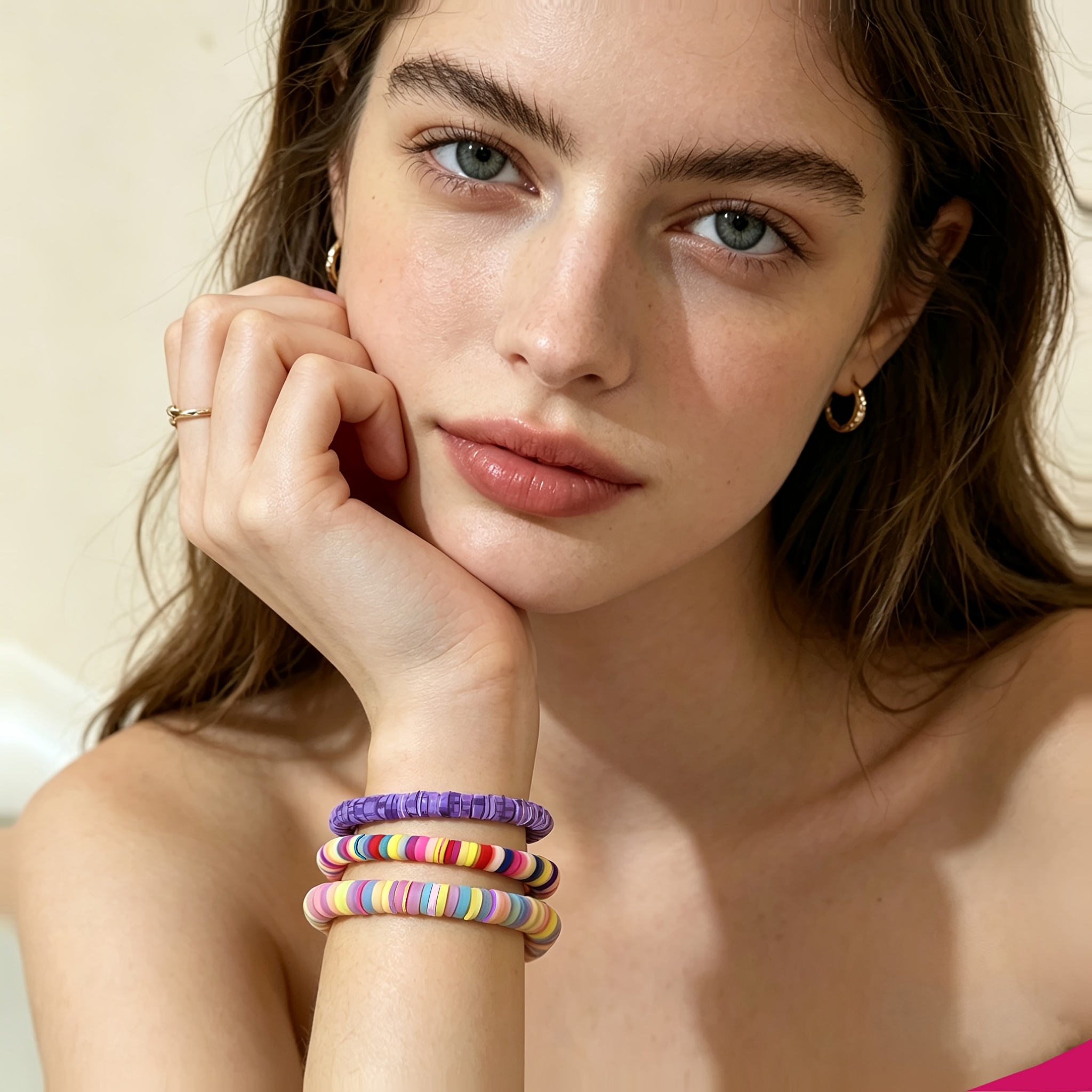 3pcs Bohemian Multicolor Soft Clay Elastic Bracelets