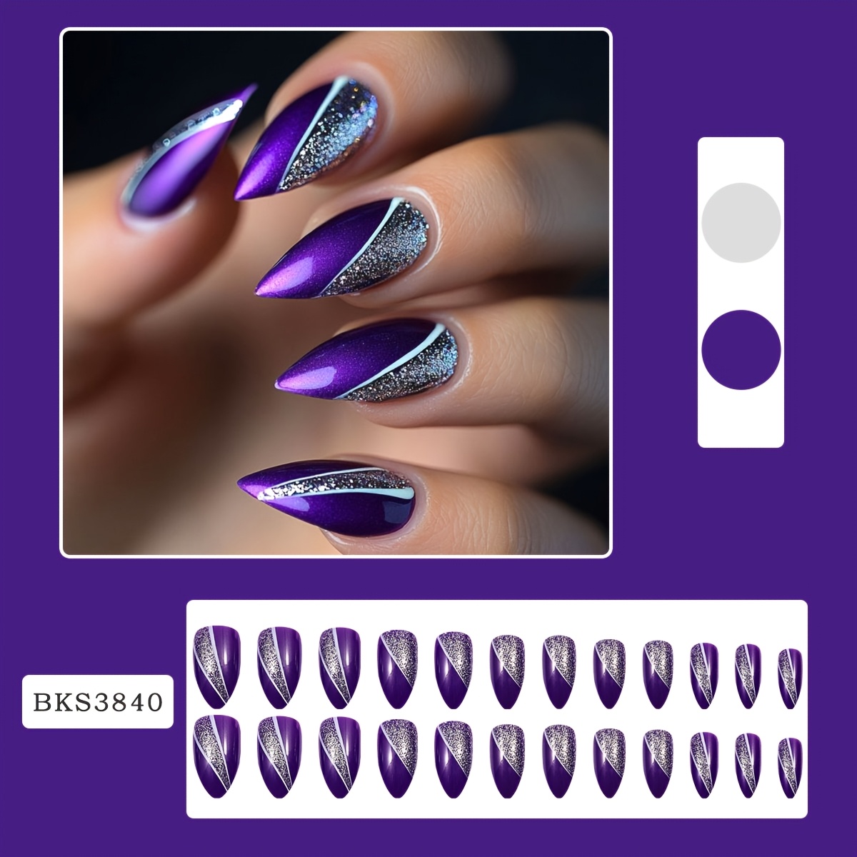 E-shop 24-teiliges Set mittelgroße Stiletto-Künstliche-Nagelspitzen, lila glänzende Glitzer-Press-On-Nägel