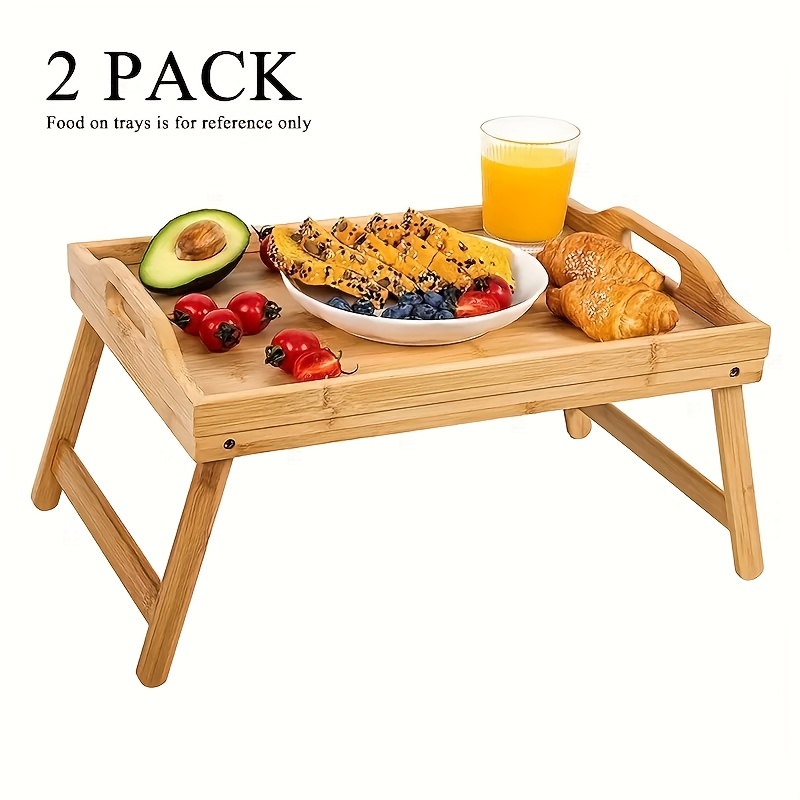 TEMU 2pcs 19.3 X 12 Inch Bamboo Breakfast In Bed Trays, With Folding Legs & Handles - Versatile Snack Tables For Eating, Sofa, Couch, And Working -