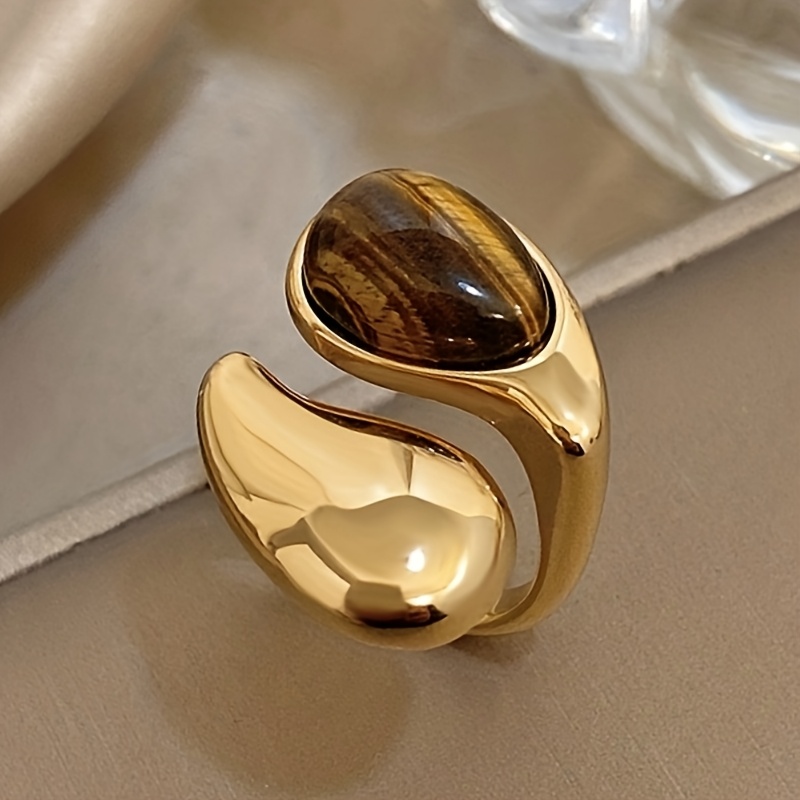 TEMU Bague pour femme en œil de tigre simulé plaqué - Bijou en poire convexe asymétrique à double , adaptée et aux fêtes, et rétro, à toute l'année