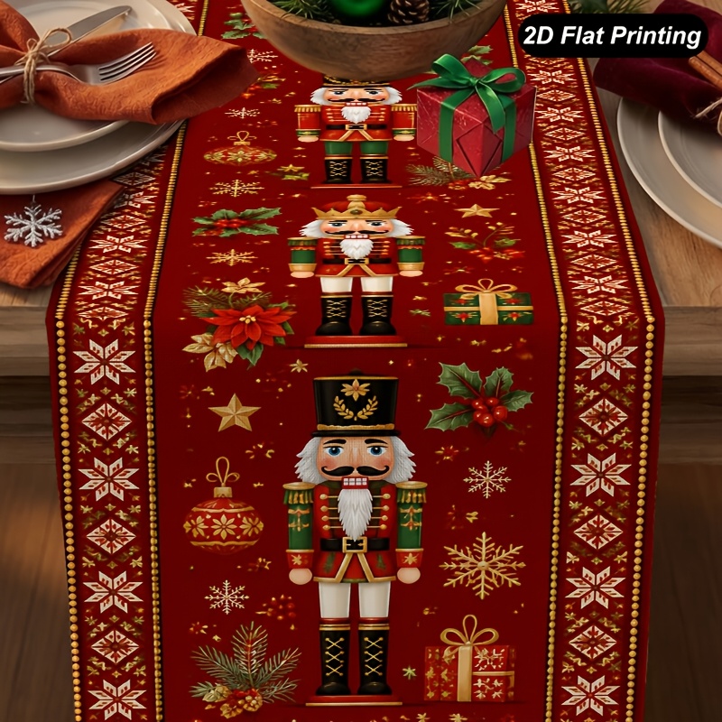 TEMU 1pc 1pcs Christmas Nutcracker Table Runner With Snowflake Nutcracker - Farmhouse Rectangular Suitable For Xmas Table Decor, Kitchen Dining Room